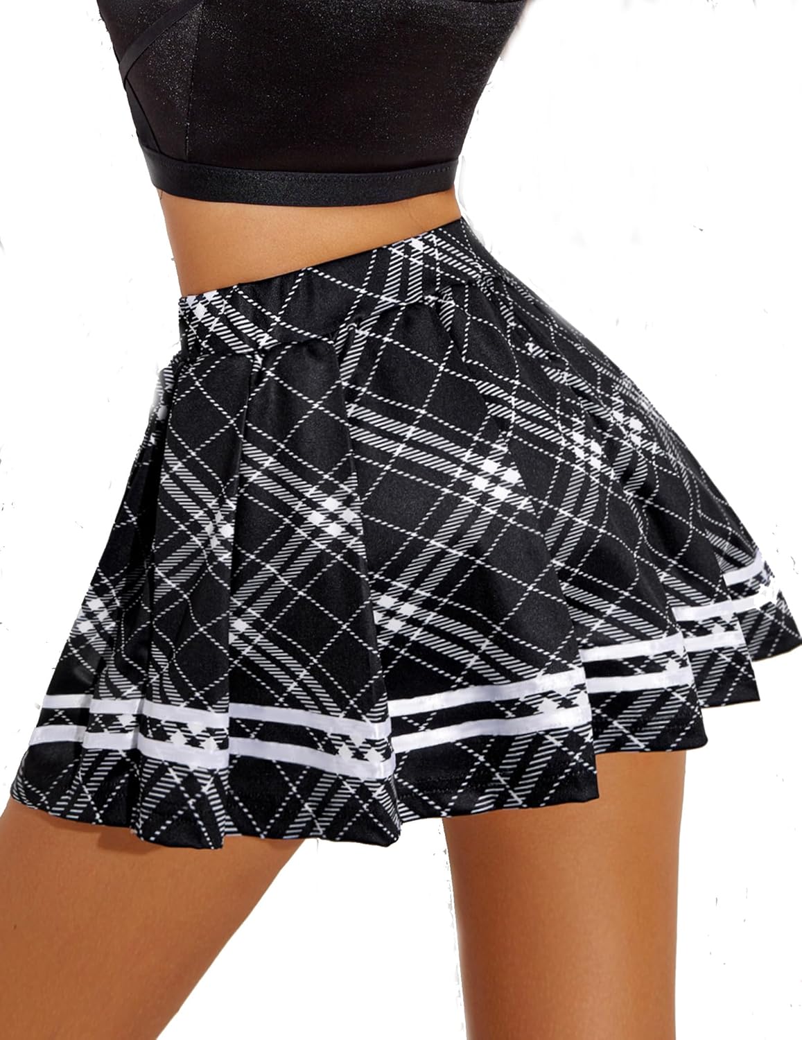 Black Pleated Mini Skirt / Preppy Style Short Skirt / High-Waisted Skater Skirt (Black, Size L)