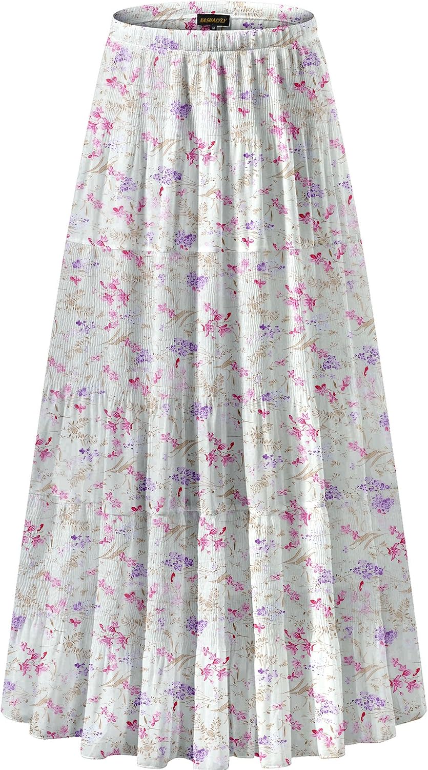 Women's Chiffon High-Waisted Pleated A-Line Maxi Skirt with Elastic Waist (Coffee Floral Print, Size M)