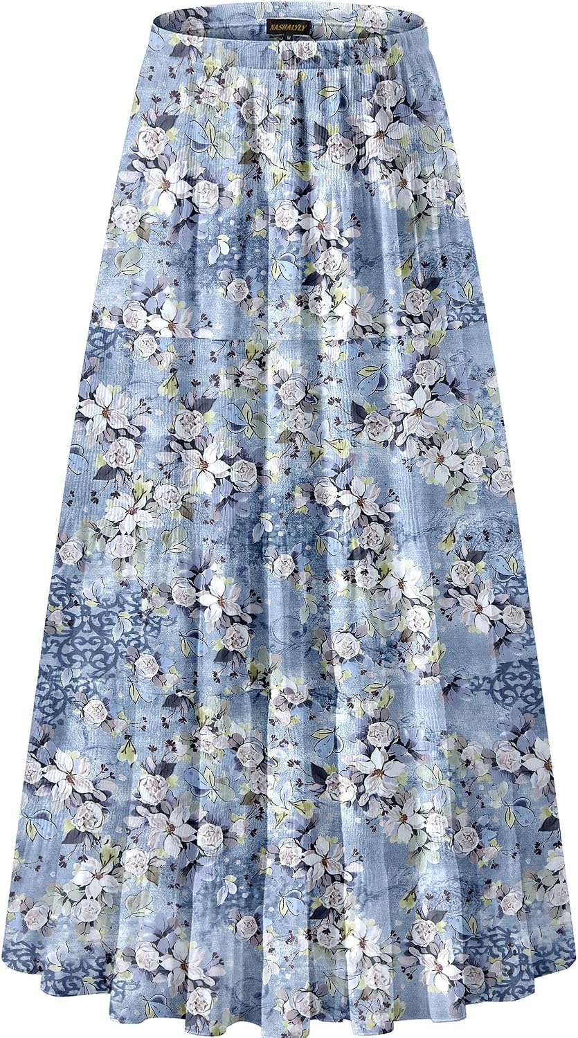 Women's Chiffon High-Waisted Pleated A-Line Maxi Skirt with Elastic Waist (Coffee Floral Print, Size M)