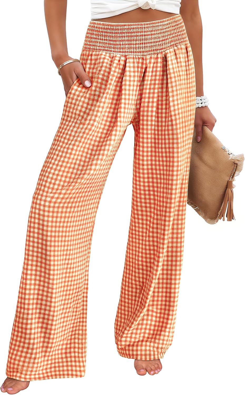 Women's wide-leg trousers—striped and checked styles that are both cute and comfortable.