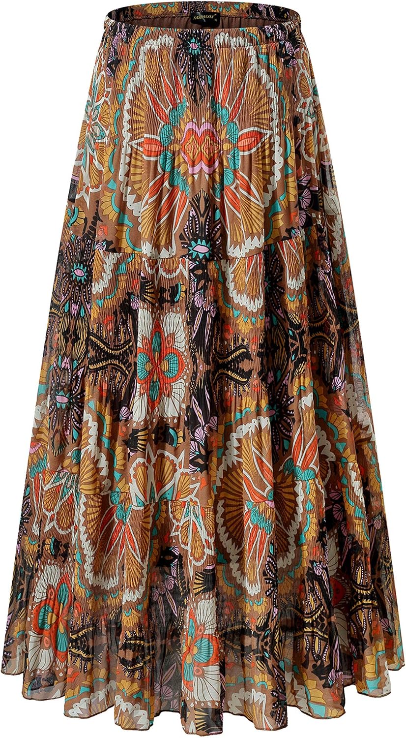 Women's Chiffon High-Waisted Pleated A-Line Maxi Skirt with Elastic Waist (Coffee Floral Print, Size M)