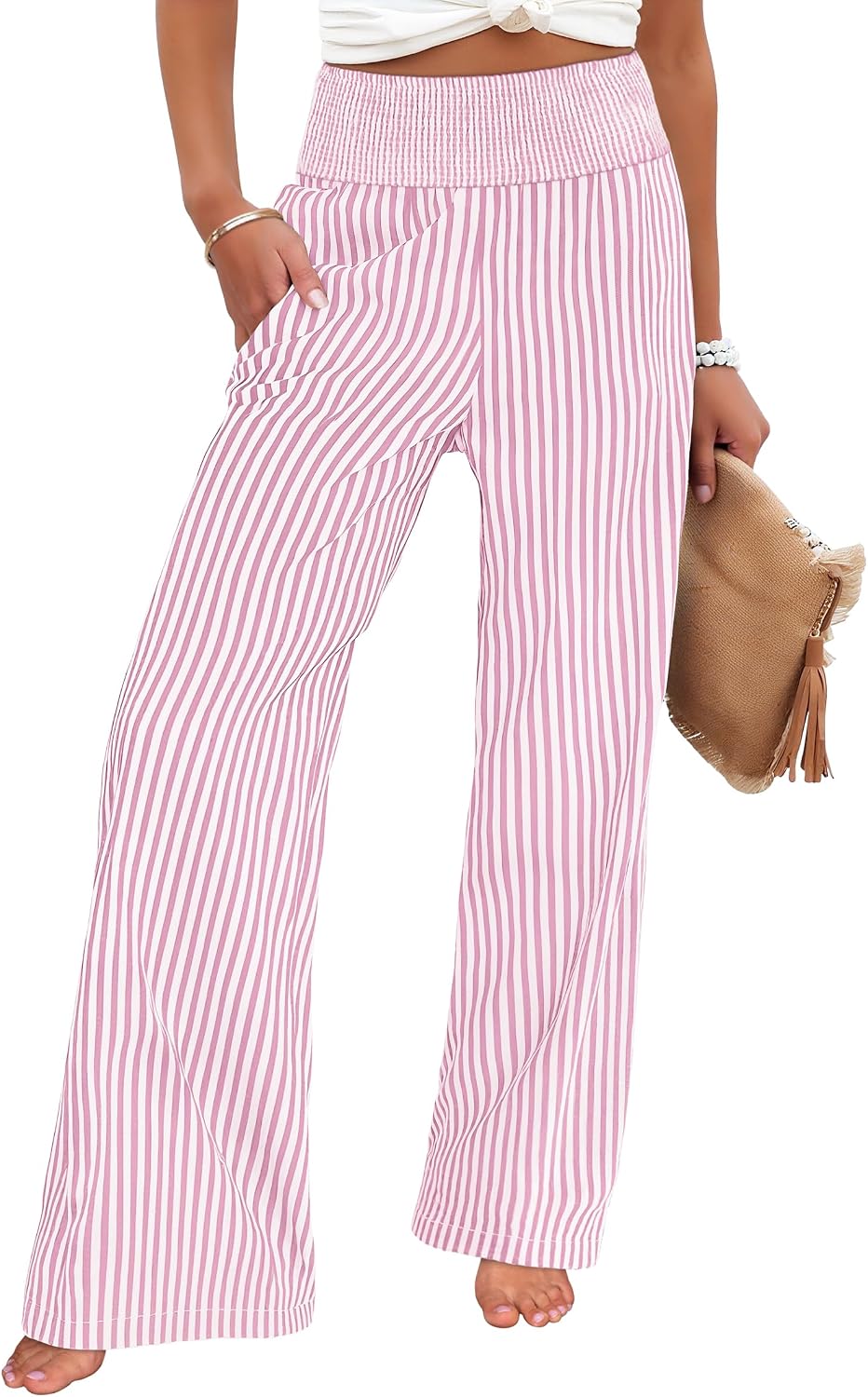 Women's wide-leg trousers—striped and checked styles that are both cute and comfortable.