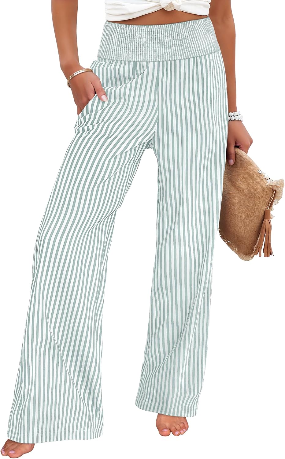 Women's wide-leg trousers—striped and checked styles that are both cute and comfortable.