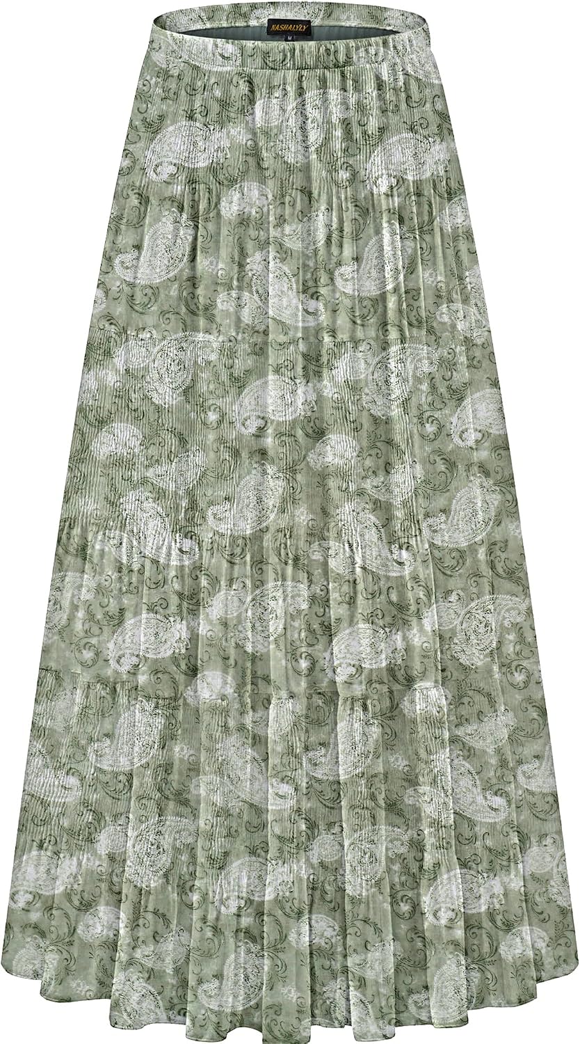Women's Chiffon High-Waisted Pleated A-Line Maxi Skirt with Elastic Waist (Coffee Floral Print, Size M)