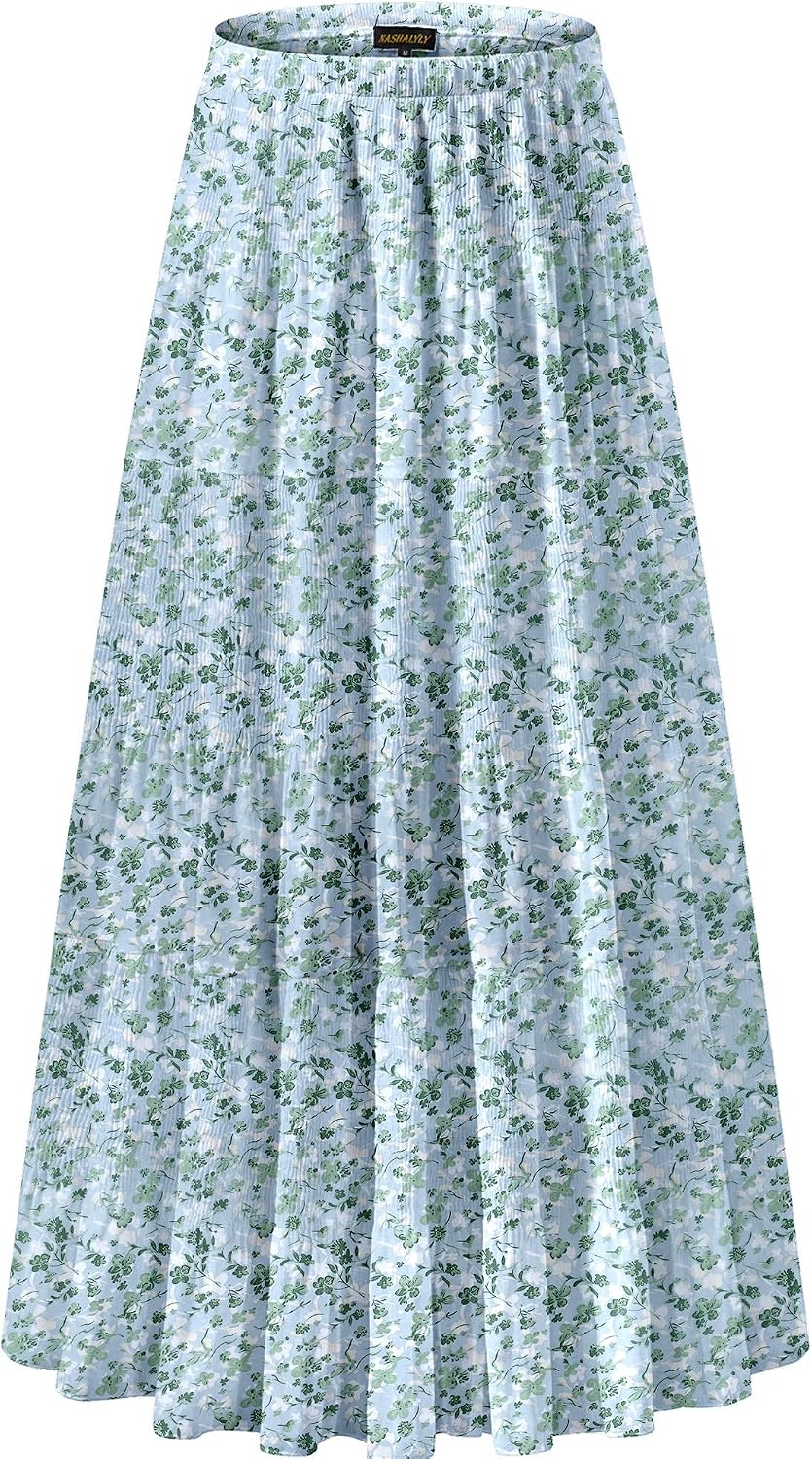 Women's Chiffon High-Waisted Pleated A-Line Maxi Skirt with Elastic Waist (Coffee Floral Print, Size M)