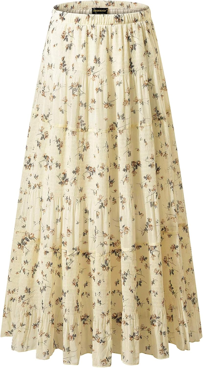 Women's Chiffon High-Waisted Pleated A-Line Maxi Skirt with Elastic Waist (Coffee Floral Print, Size M)