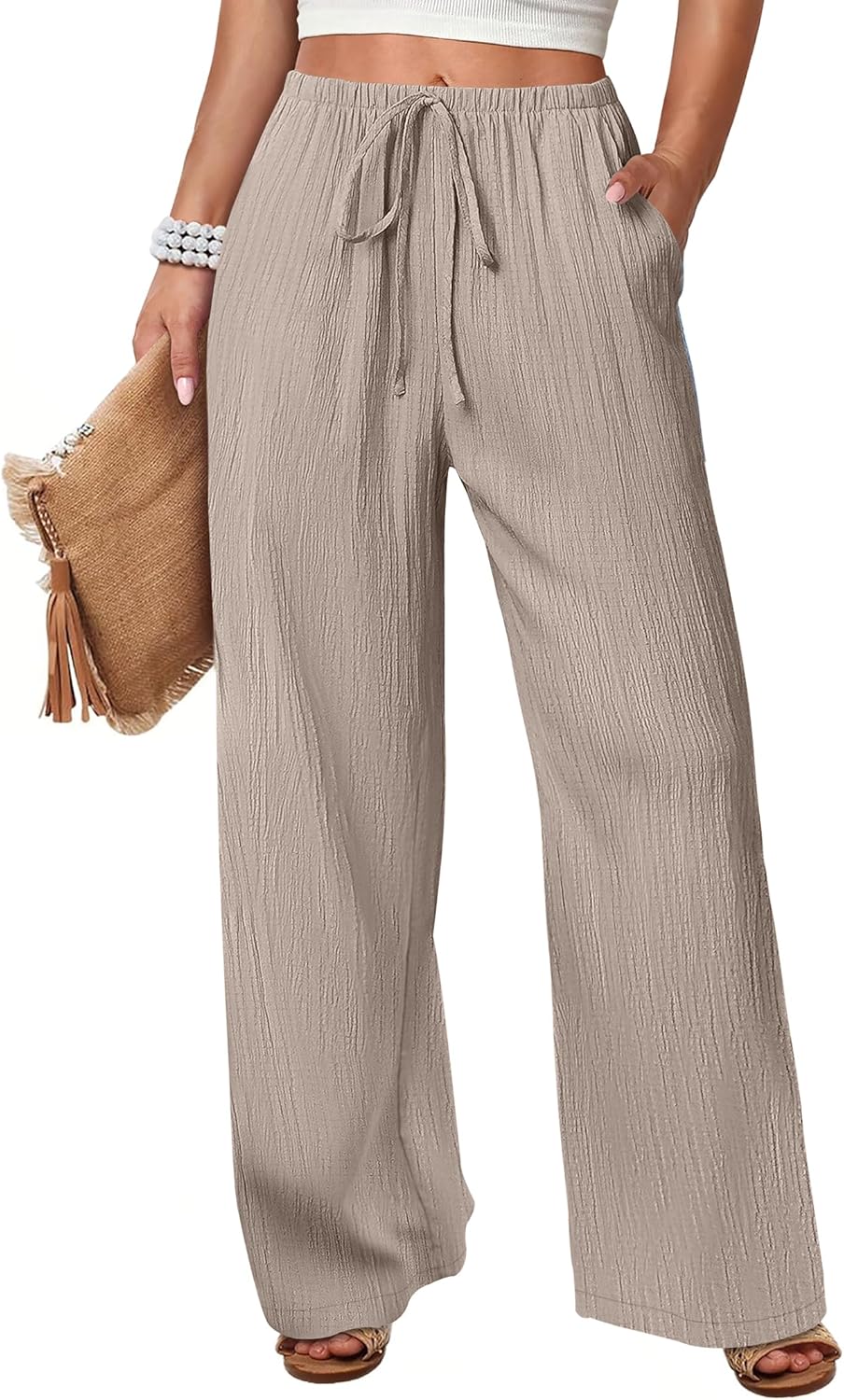 Women's Flowy Wide-Leg Beach Pants (Brown, Size L)