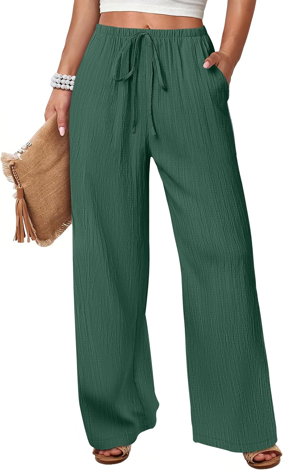 Women's Flowy Wide-Leg Beach Pants (Brown, Size L)