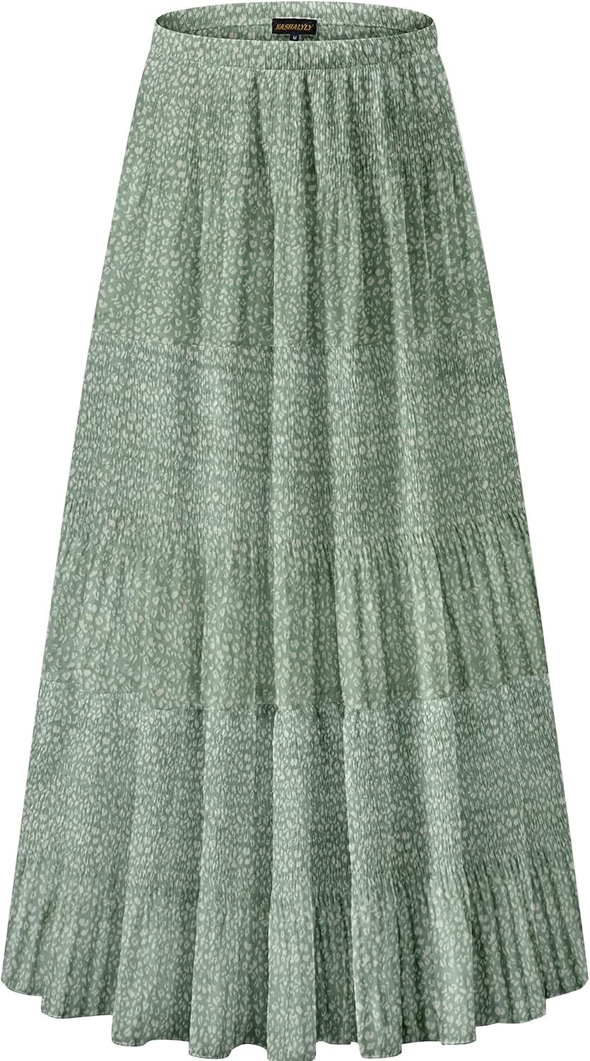 Women's Chiffon High-Waisted Pleated A-Line Maxi Skirt with Elastic Waist (Coffee Floral Print, Size M)