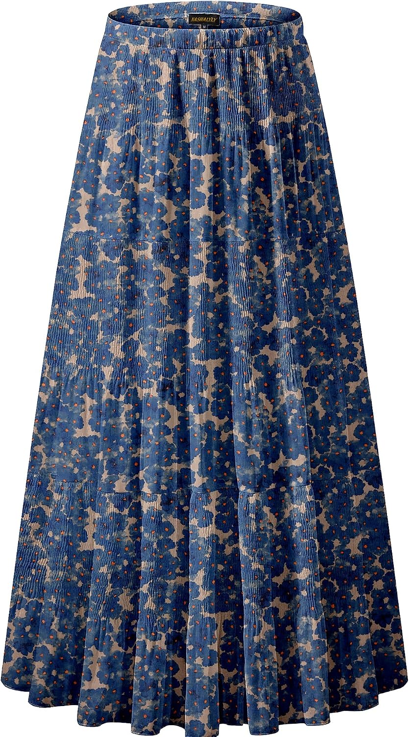 Women's Chiffon High-Waisted Pleated A-Line Maxi Skirt with Elastic Waist (Coffee Floral Print, Size M)