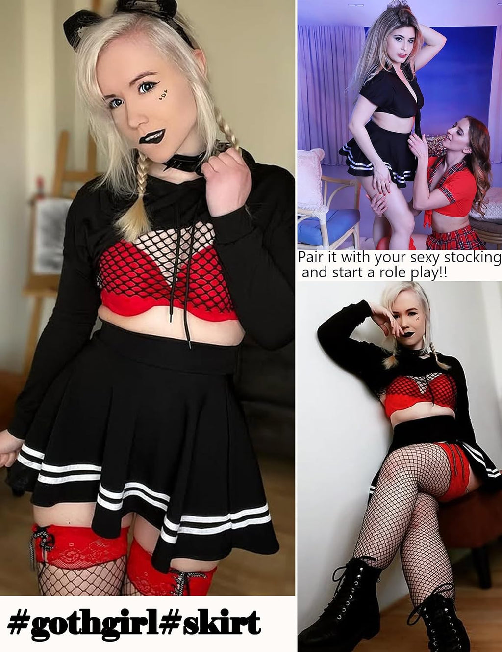 Black Pleated Mini Skirt / Preppy Style Short Skirt / High-Waisted Skater Skirt (Black, Size L)