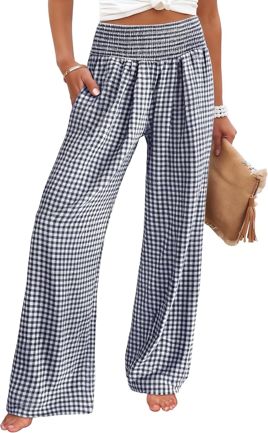 Women's wide-leg trousers—striped and checked styles that are both cute and comfortable.