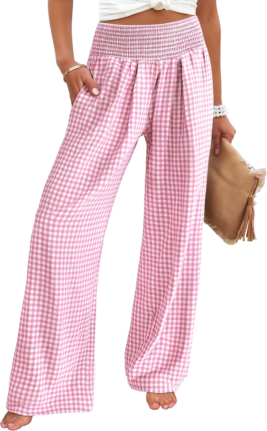 Women's wide-leg trousers—striped and checked styles that are both cute and comfortable.