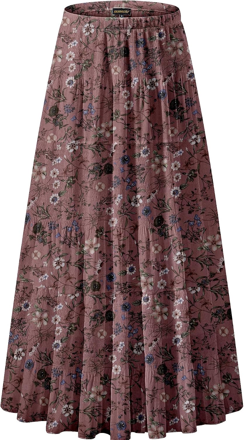 Women's Chiffon High-Waisted Pleated A-Line Maxi Skirt with Elastic Waist (Coffee Floral Print, Size M)
