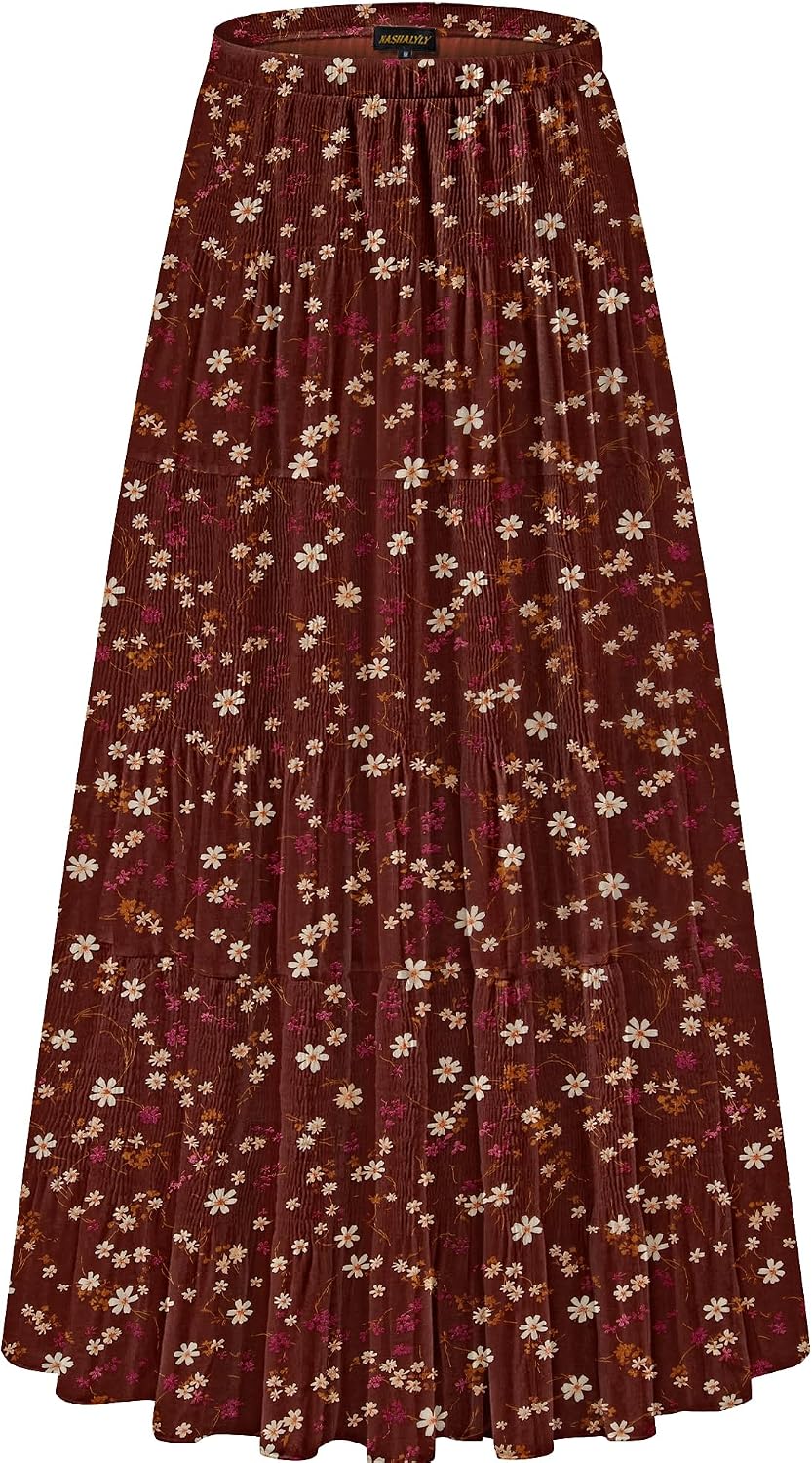 Women's Chiffon High-Waisted Pleated A-Line Maxi Skirt with Elastic Waist (Coffee Floral Print, Size M)