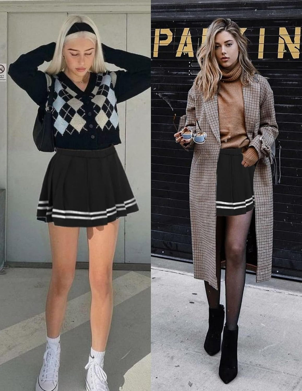 Black Pleated Mini Skirt / Preppy Style Short Skirt / High-Waisted Skater Skirt (Black, Size L)