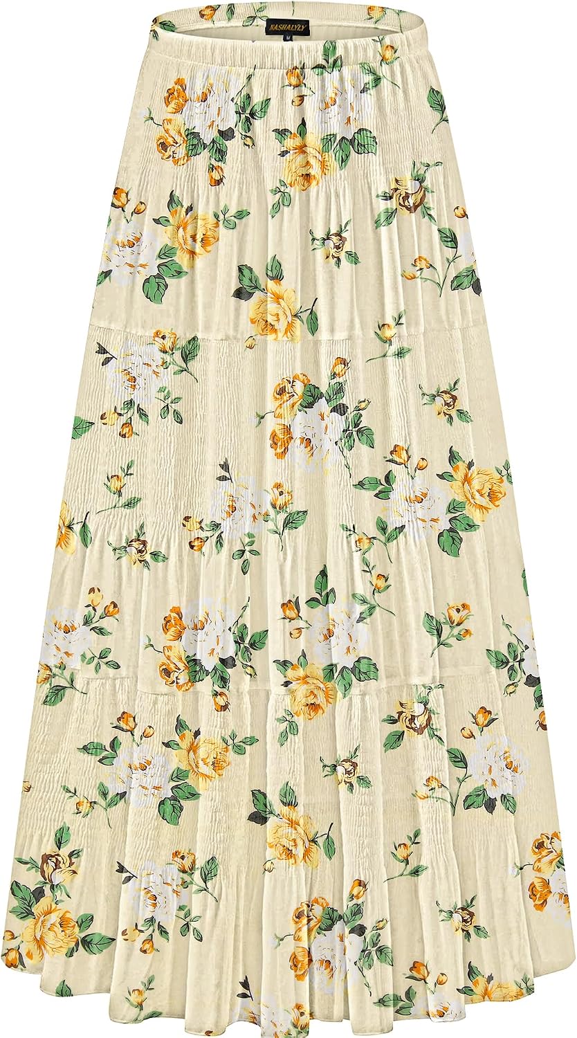 Women's Chiffon High-Waisted Pleated A-Line Maxi Skirt with Elastic Waist (Coffee Floral Print, Size M)