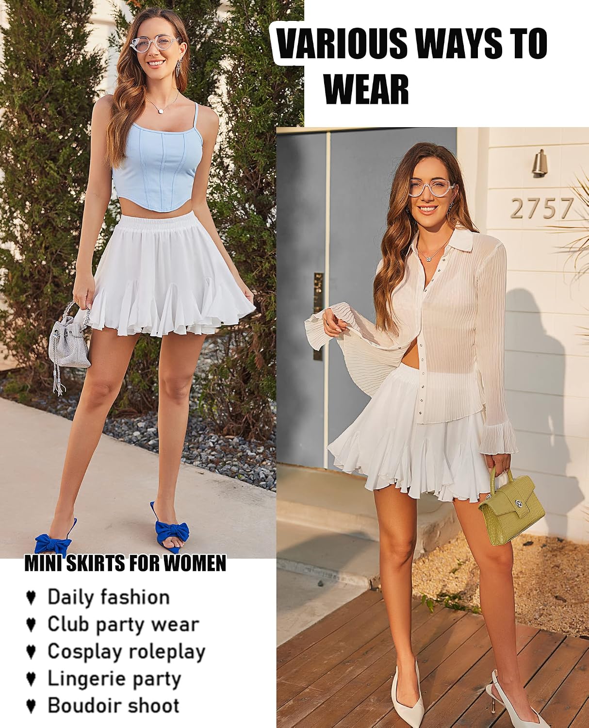 Women's White Ruffle-Hem Mini Skirt – High-Waisted Flared Skater Skirt