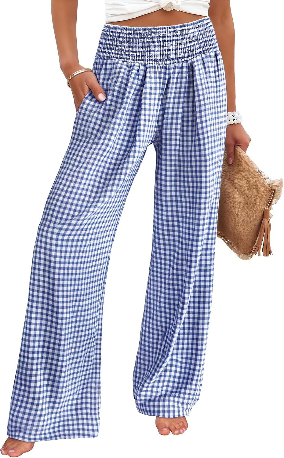 Women's wide-leg trousers—striped and checked styles that are both cute and comfortable.