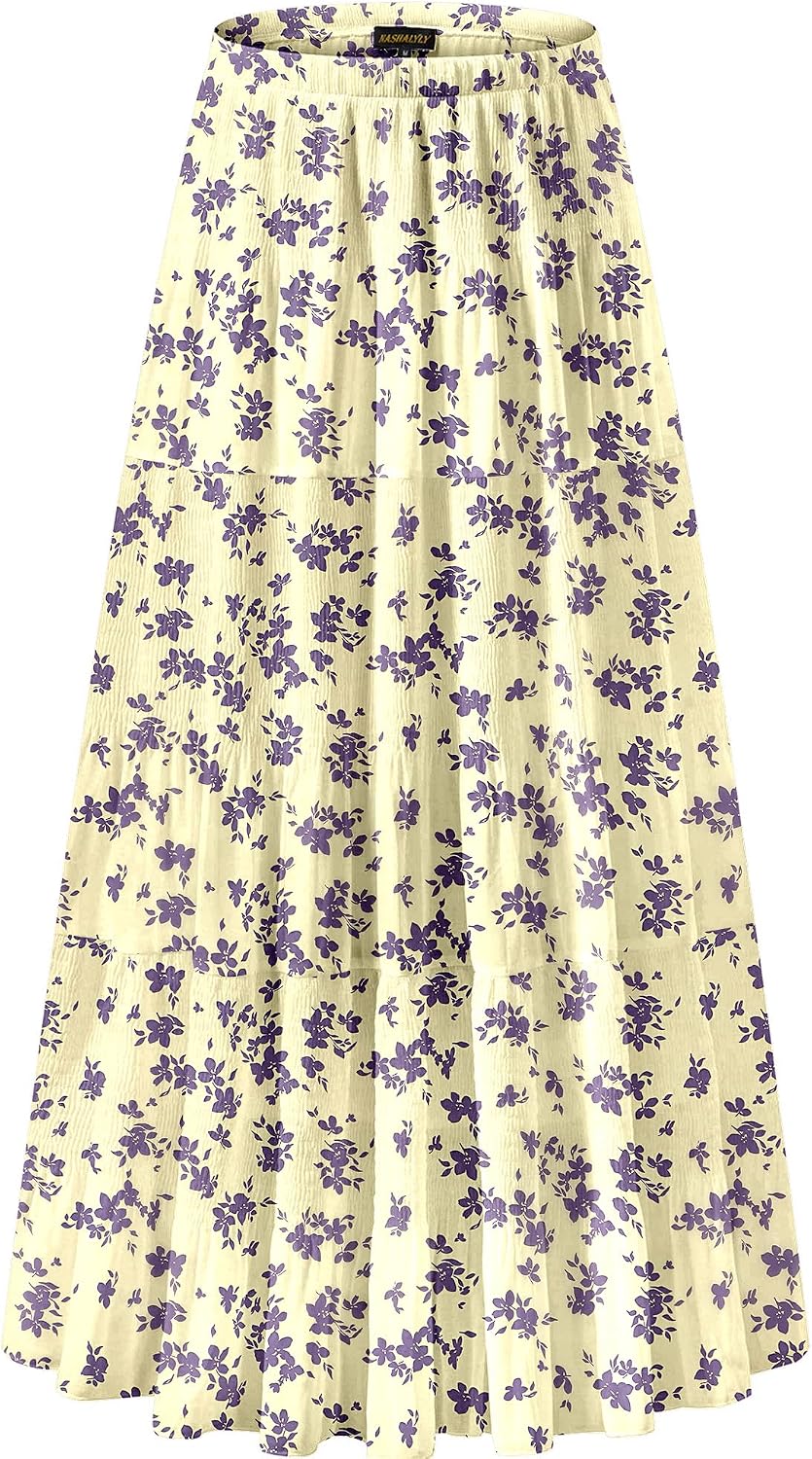 Women's Chiffon High-Waisted Pleated A-Line Maxi Skirt with Elastic Waist (Coffee Floral Print, Size M)