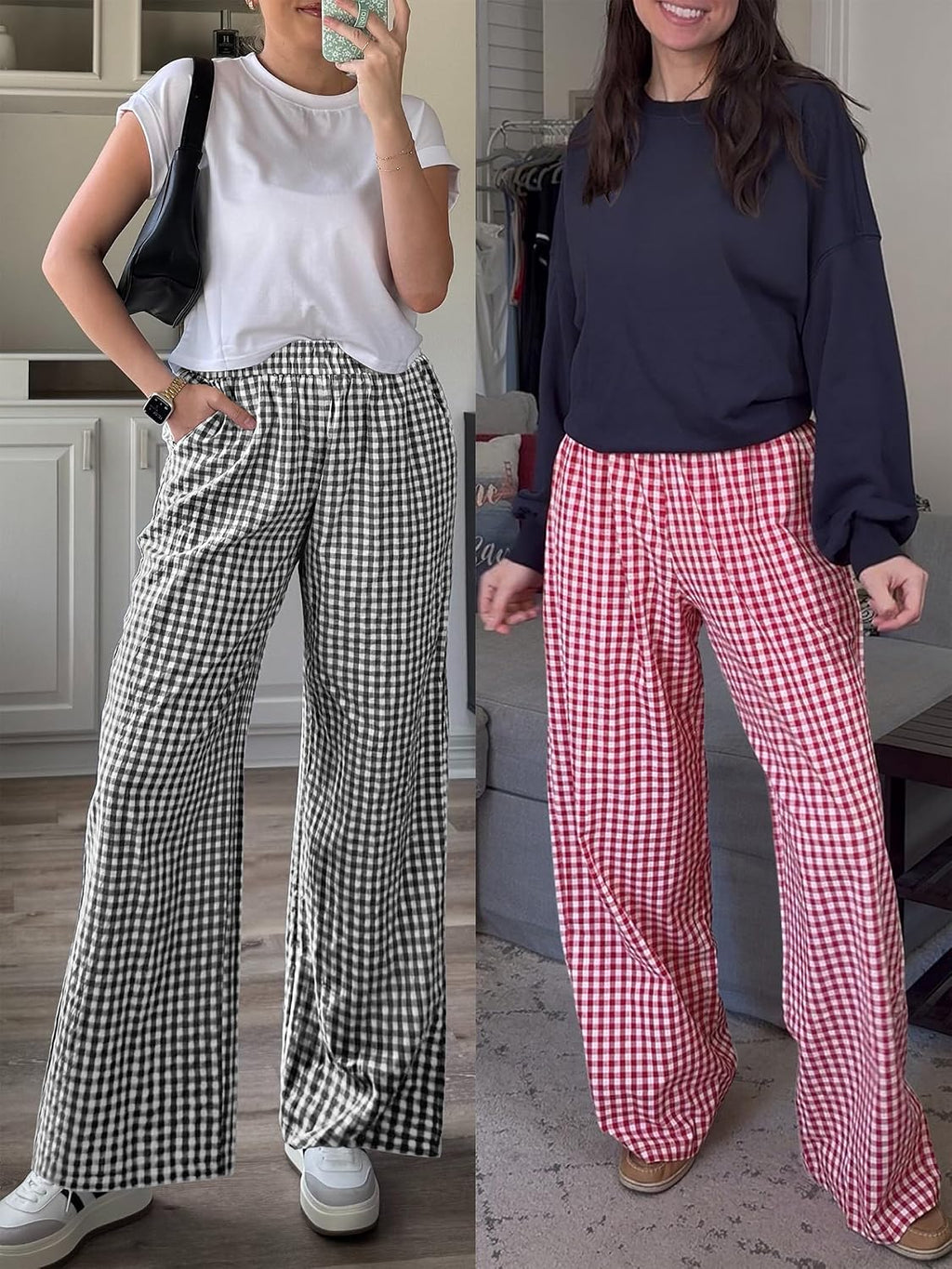 Women's wide-leg trousers—striped and checked styles that are both cute and comfortable.