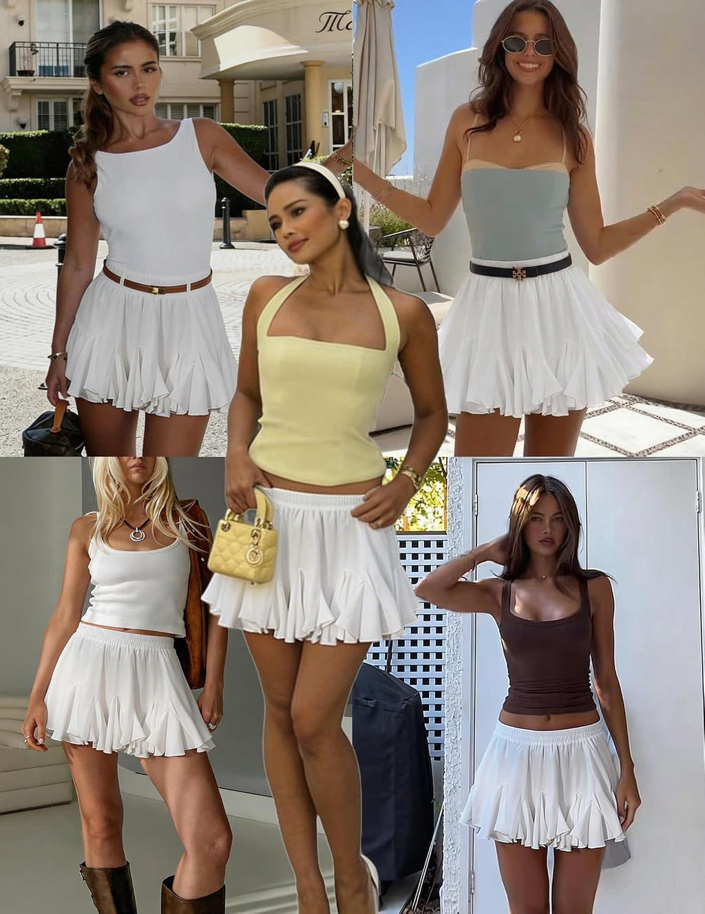 Women's White Ruffle-Hem Mini Skirt – High-Waisted Flared Skater Skirt