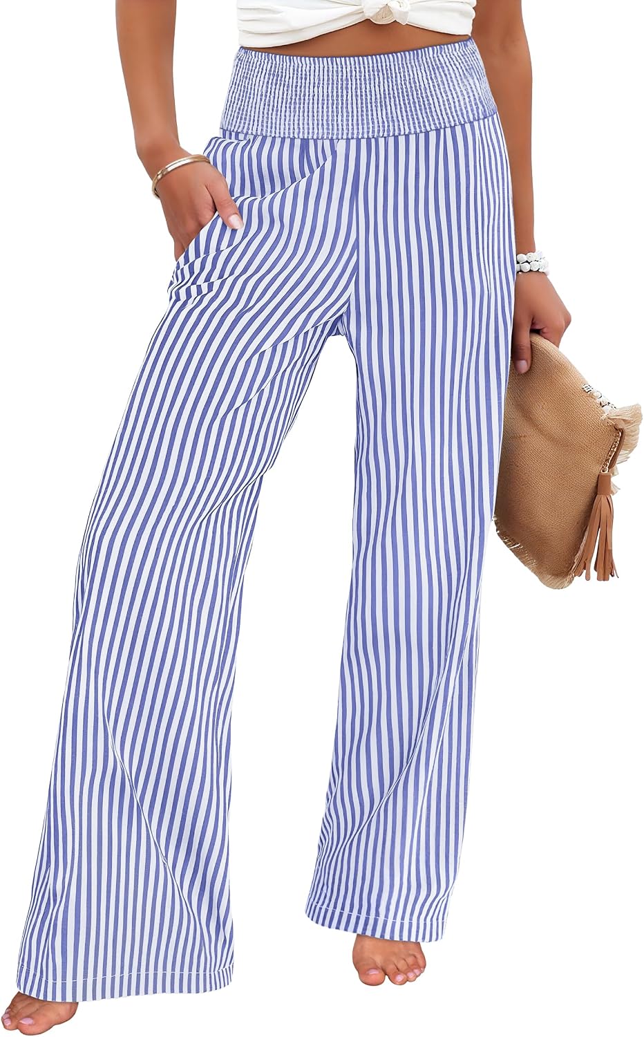 Women's wide-leg trousers—striped and checked styles that are both cute and comfortable.