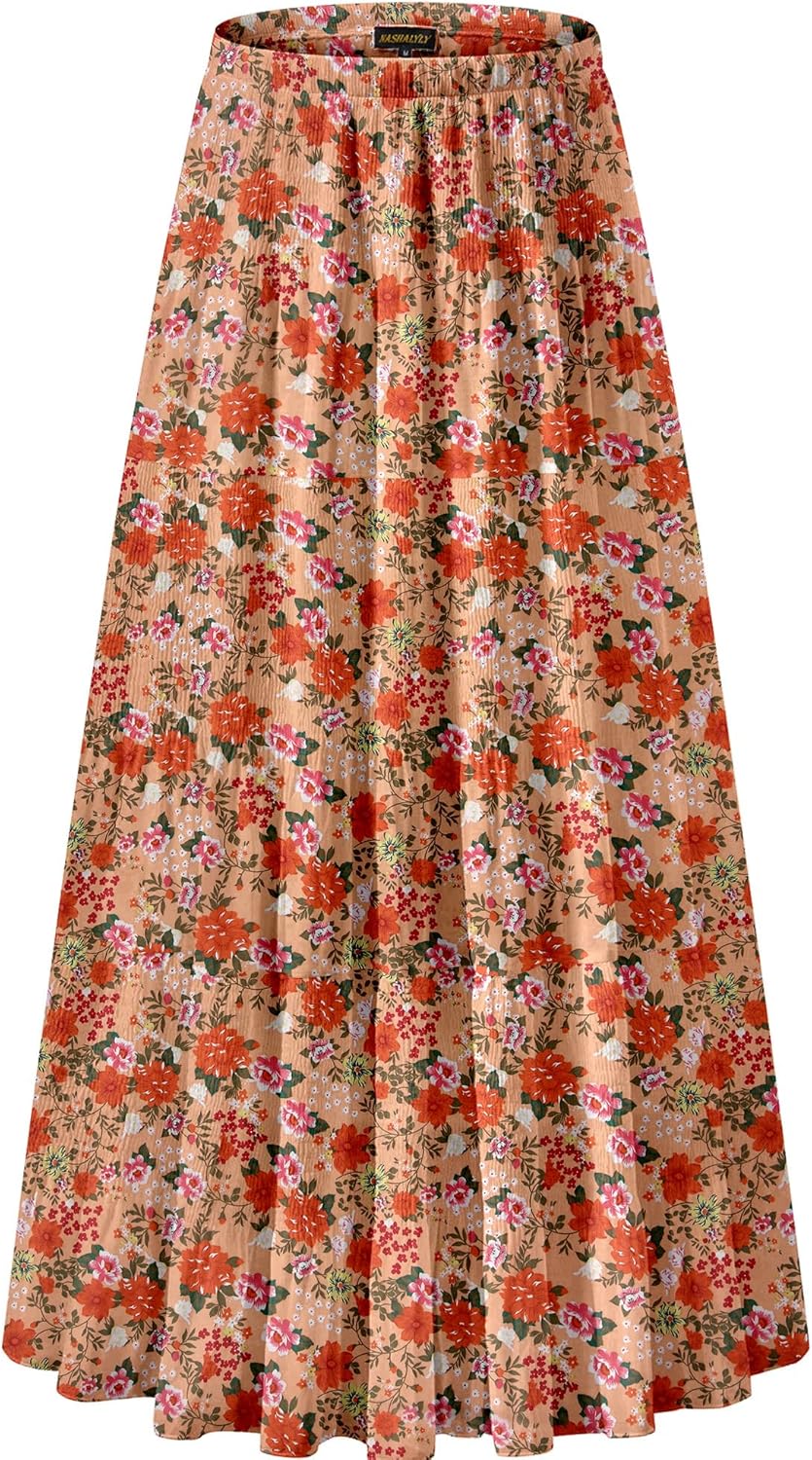 Women's Chiffon High-Waisted Pleated A-Line Maxi Skirt with Elastic Waist (Coffee Floral Print, Size M)