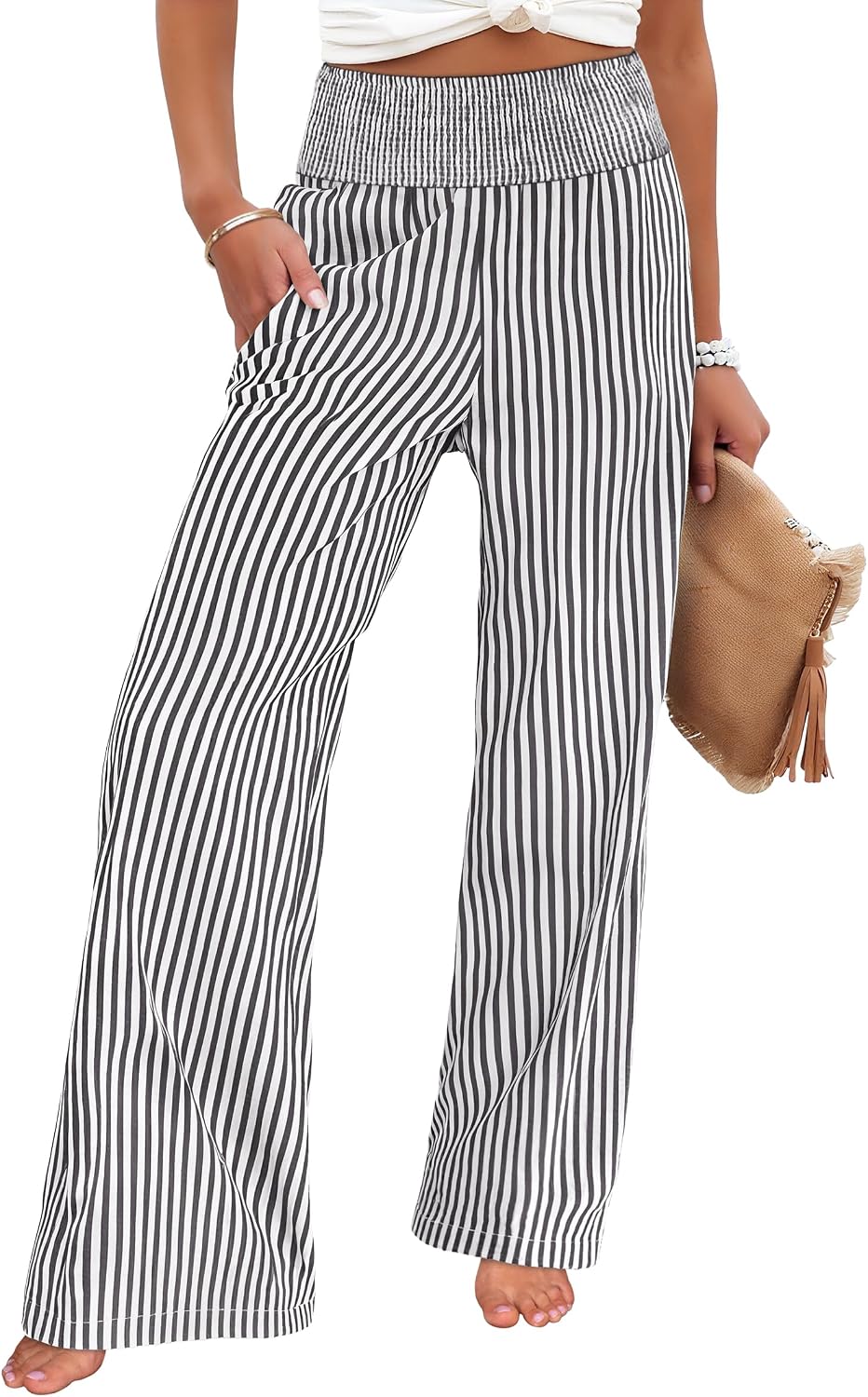 Women's wide-leg trousers—striped and checked styles that are both cute and comfortable.