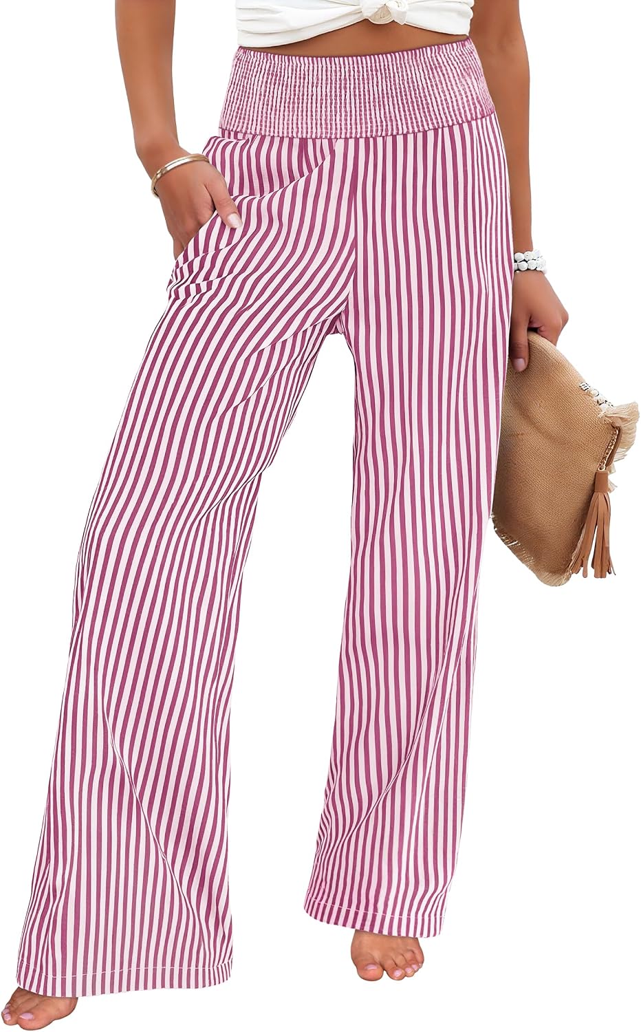Women's wide-leg trousers—striped and checked styles that are both cute and comfortable.