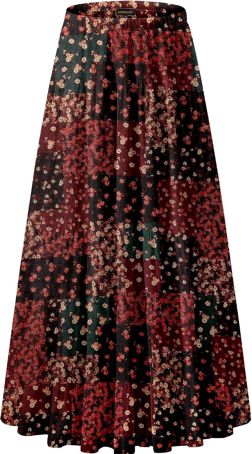 Women's Chiffon High-Waisted Pleated A-Line Maxi Skirt with Elastic Waist (Coffee Floral Print, Size M)