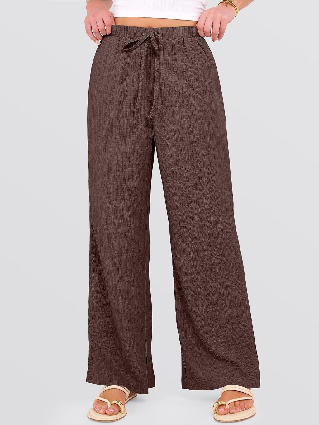 Women's Flowy Wide-Leg Beach Pants (Brown, Size L)