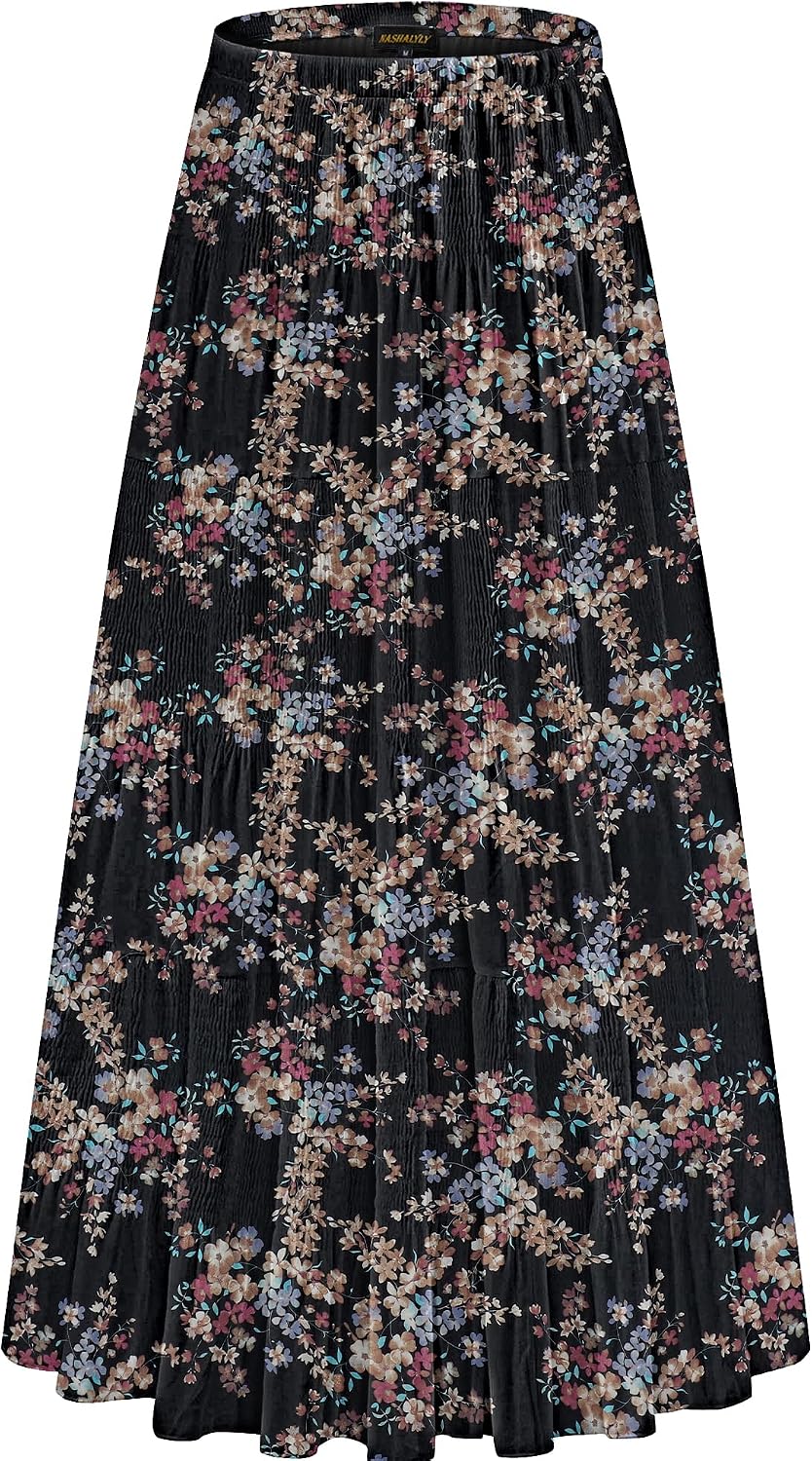Women's Chiffon High-Waisted Pleated A-Line Maxi Skirt with Elastic Waist (Coffee Floral Print, Size M)