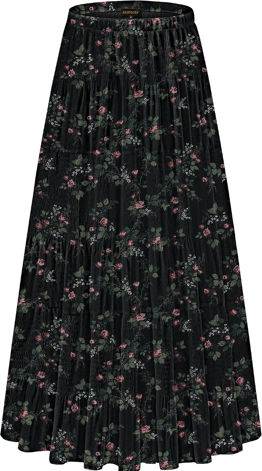 Women's Chiffon High-Waisted Pleated A-Line Maxi Skirt with Elastic Waist (Coffee Floral Print, Size M)