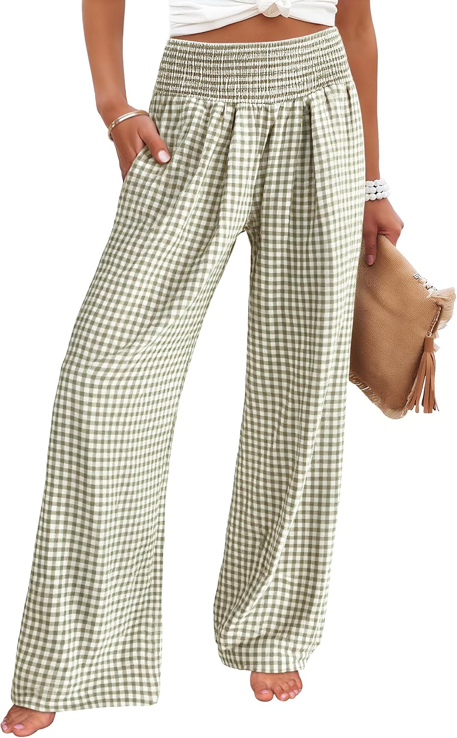 Women's wide-leg trousers—striped and checked styles that are both cute and comfortable.