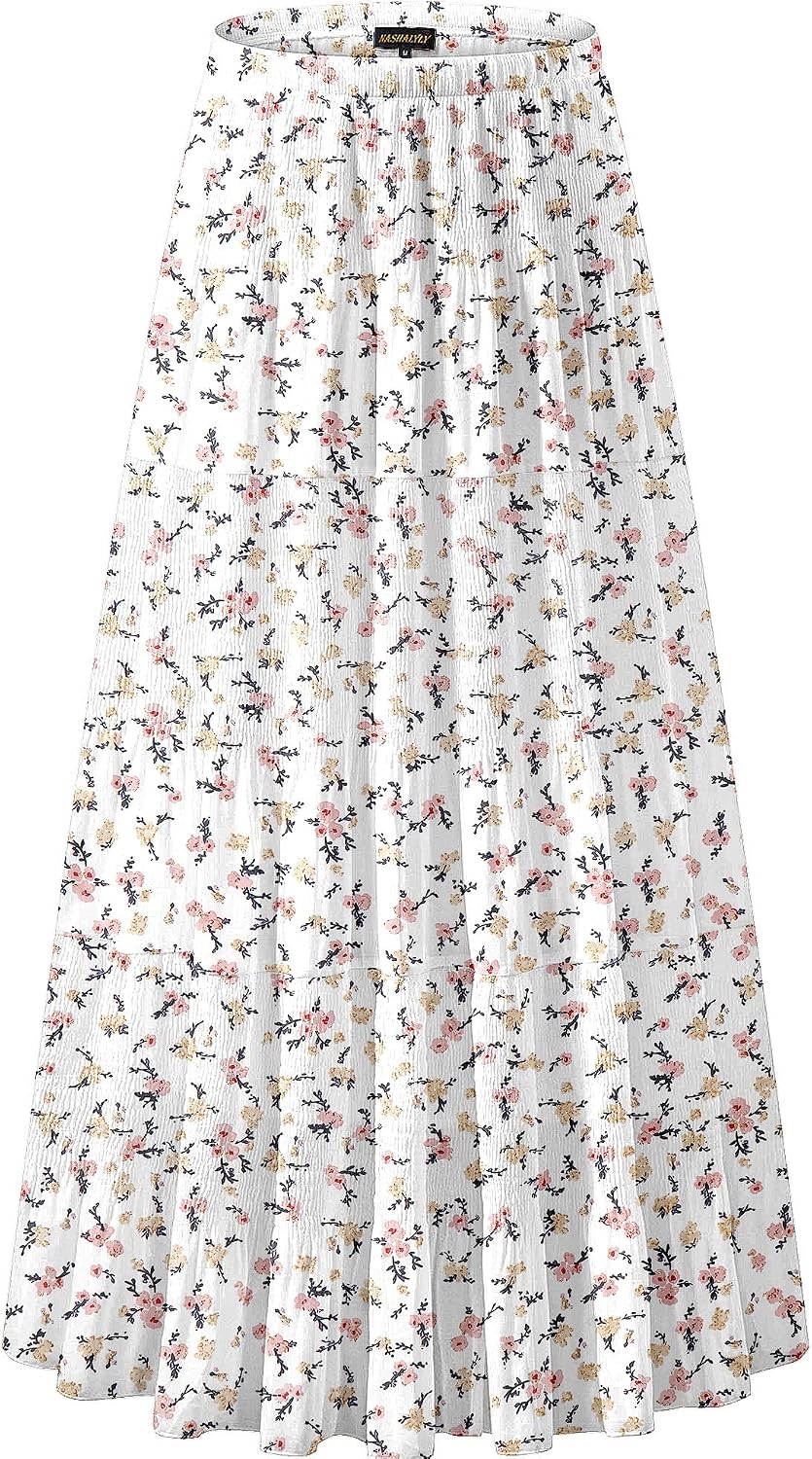 Women's Chiffon High-Waisted Pleated A-Line Maxi Skirt with Elastic Waist (Coffee Floral Print, Size M)