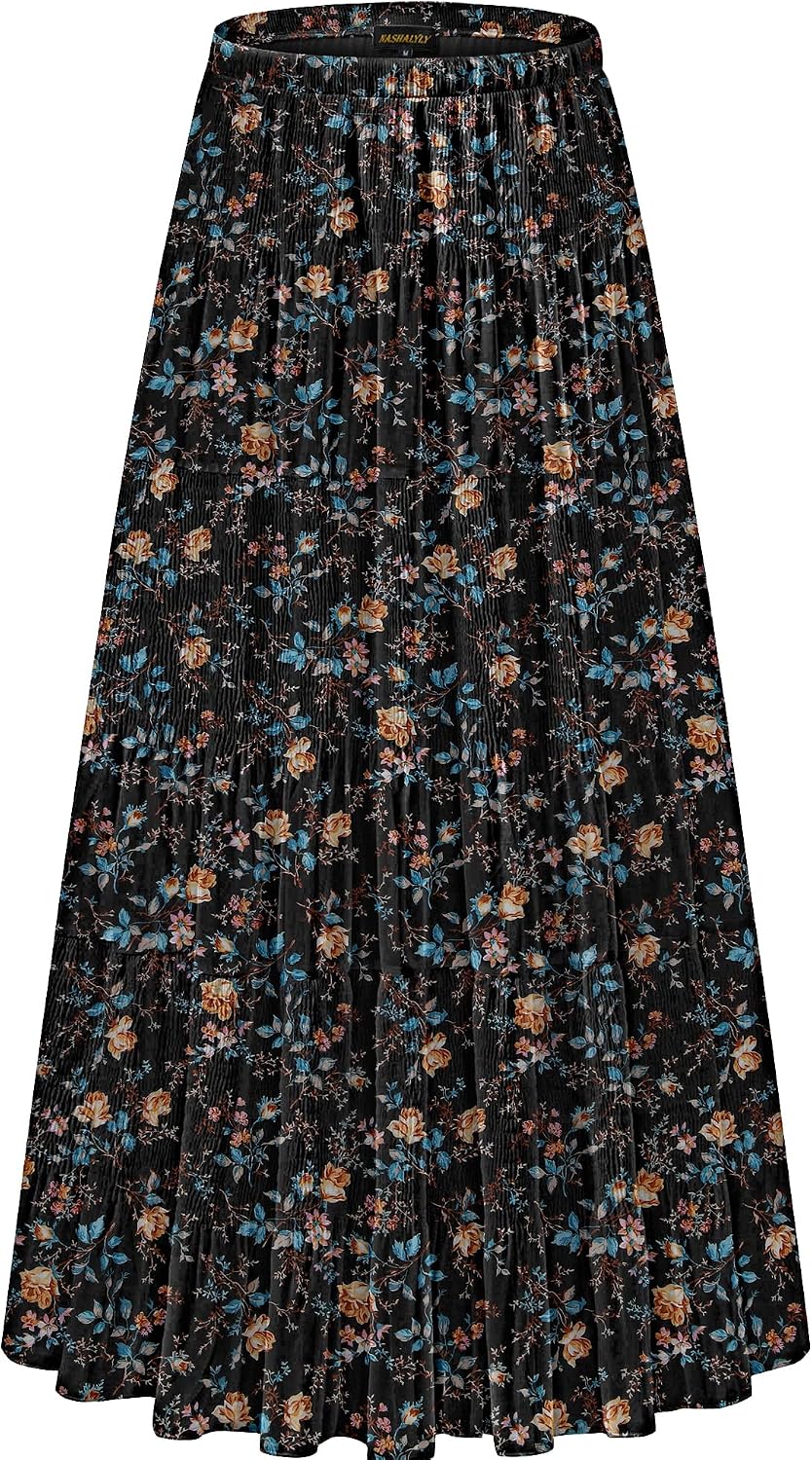 Women's Chiffon High-Waisted Pleated A-Line Maxi Skirt with Elastic Waist (Coffee Floral Print, Size M)