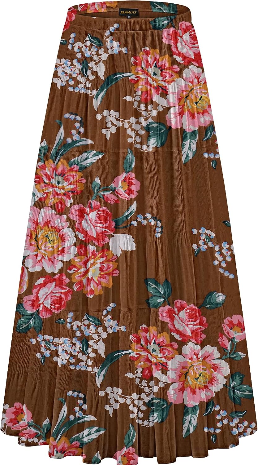 Women's Chiffon High-Waisted Pleated A-Line Maxi Skirt with Elastic Waist (Coffee Floral Print, Size M)
