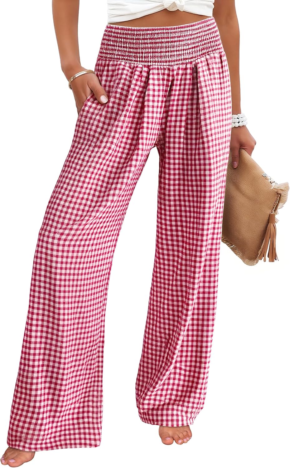 Women's wide-leg trousers—striped and checked styles that are both cute and comfortable.