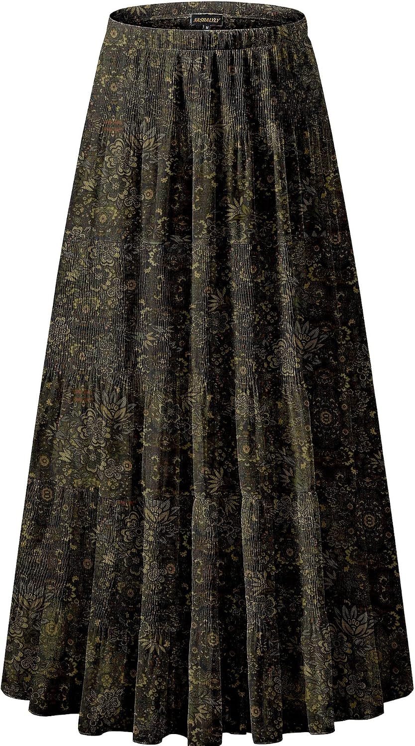 Women's Chiffon High-Waisted Pleated A-Line Maxi Skirt with Elastic Waist (Coffee Floral Print, Size M)