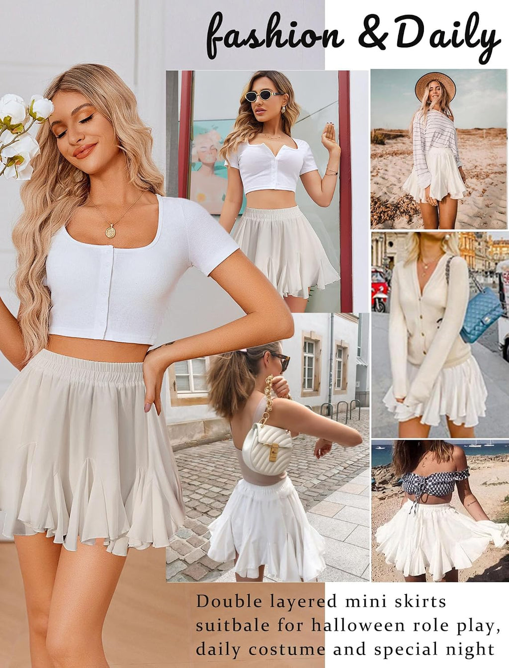 Women's White Ruffle-Hem Mini Skirt – High-Waisted Flared Skater Skirt