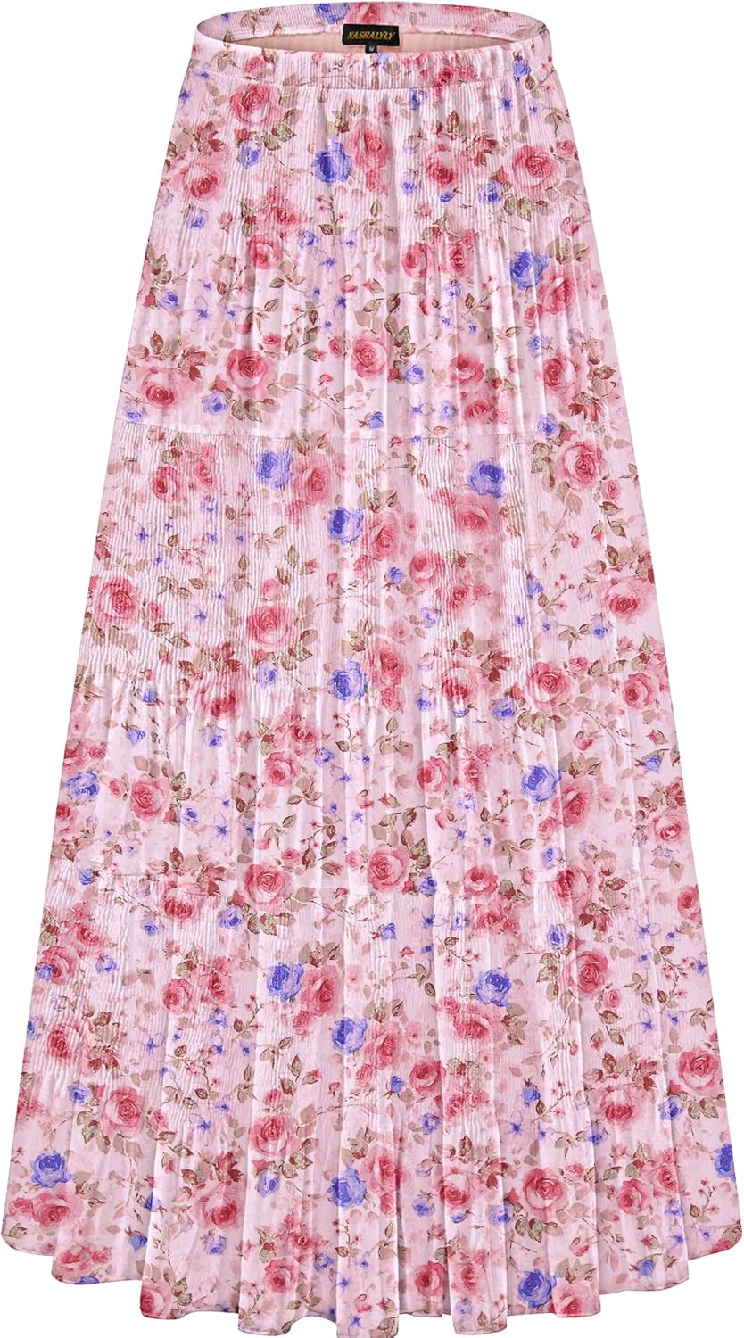 Women's Chiffon High-Waisted Pleated A-Line Maxi Skirt with Elastic Waist (Coffee Floral Print, Size M)