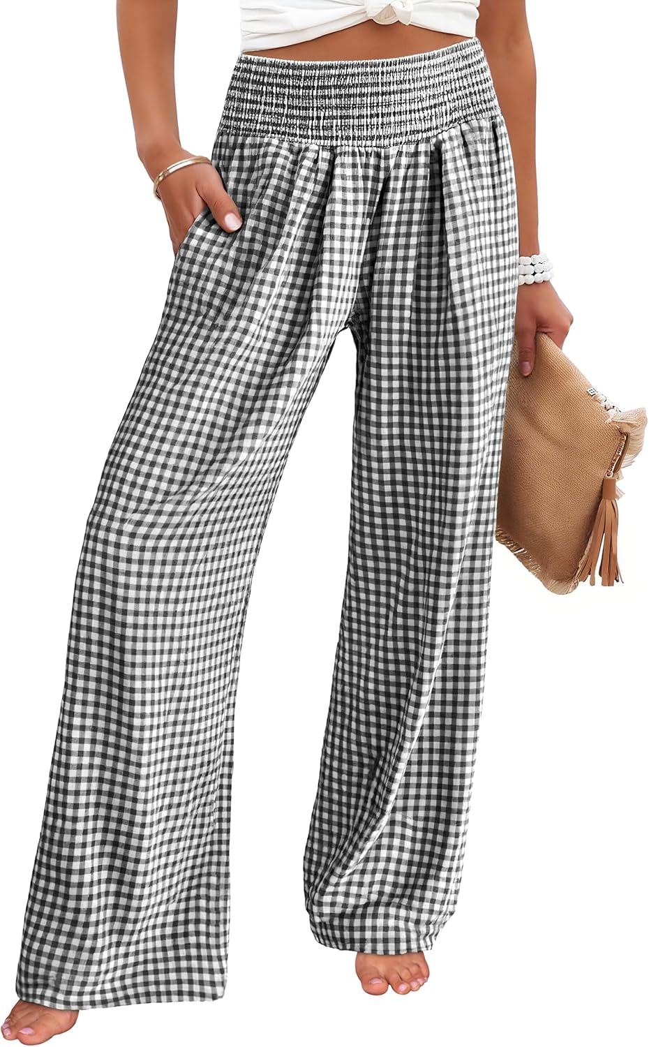 Women's wide-leg trousers—striped and checked styles that are both cute and comfortable.