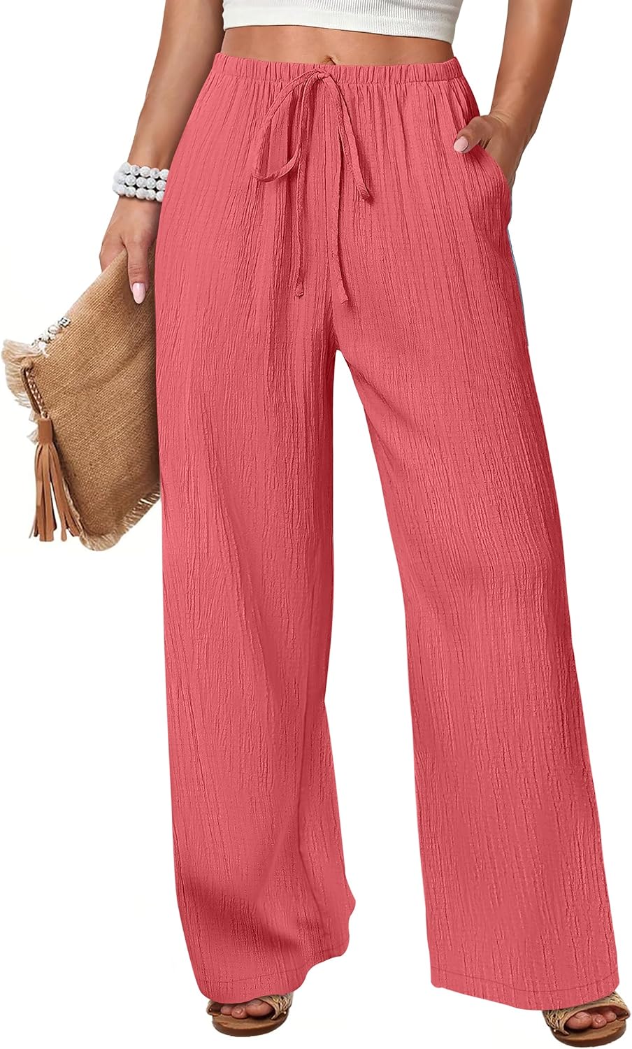 Women's Flowy Wide-Leg Beach Pants (Brown, Size L)
