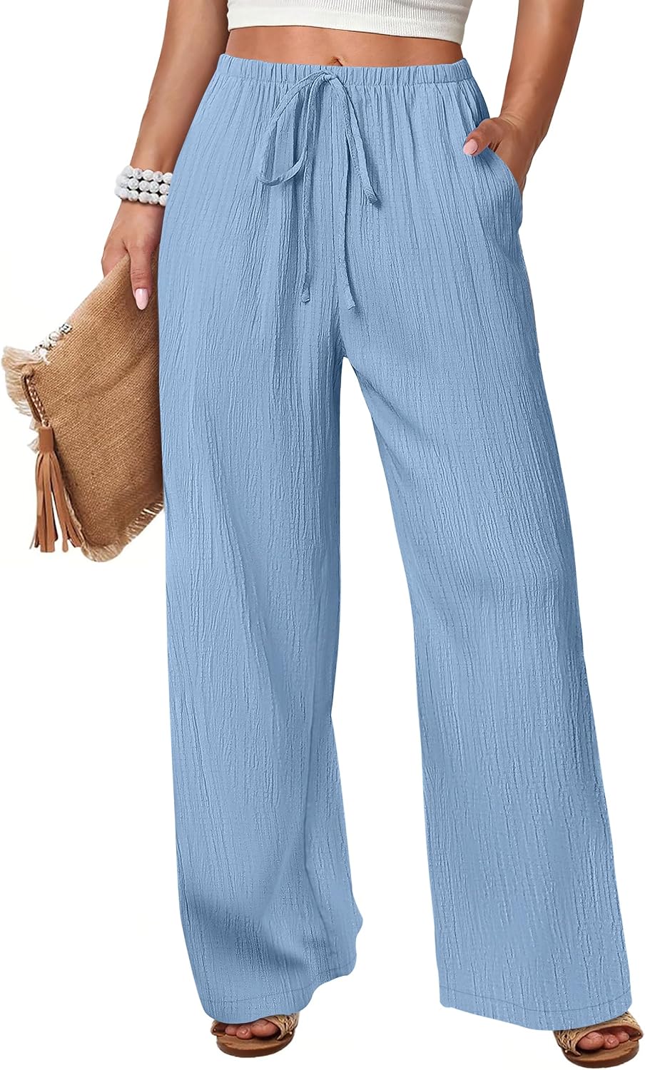 Women's Flowy Wide-Leg Beach Pants (Brown, Size L)