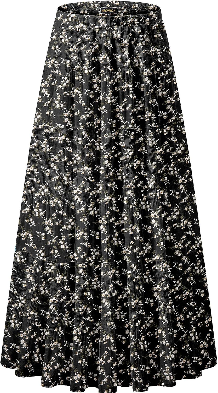 Women's Chiffon High-Waisted Pleated A-Line Maxi Skirt with Elastic Waist (Coffee Floral Print, Size M)