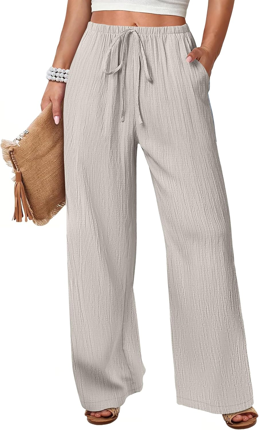 Women's Flowy Wide-Leg Beach Pants (Brown, Size L)