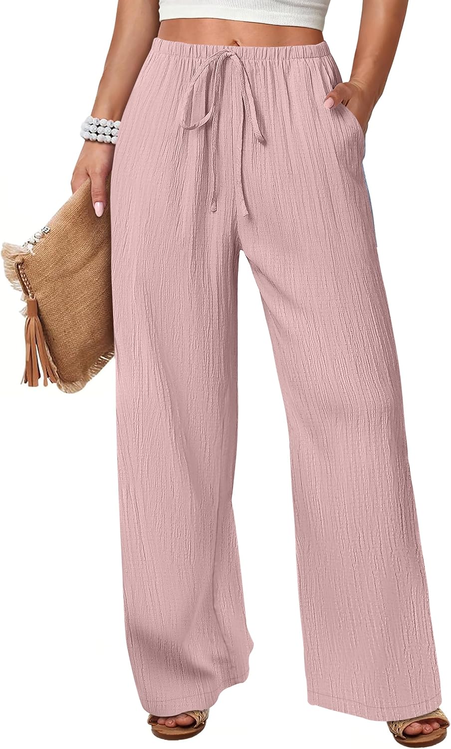 Women's Flowy Wide-Leg Beach Pants (Brown, Size L)