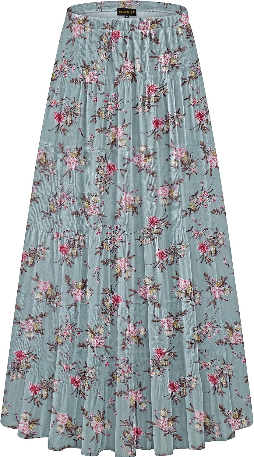 Women's Chiffon High-Waisted Pleated A-Line Maxi Skirt with Elastic Waist (Coffee Floral Print, Size M)