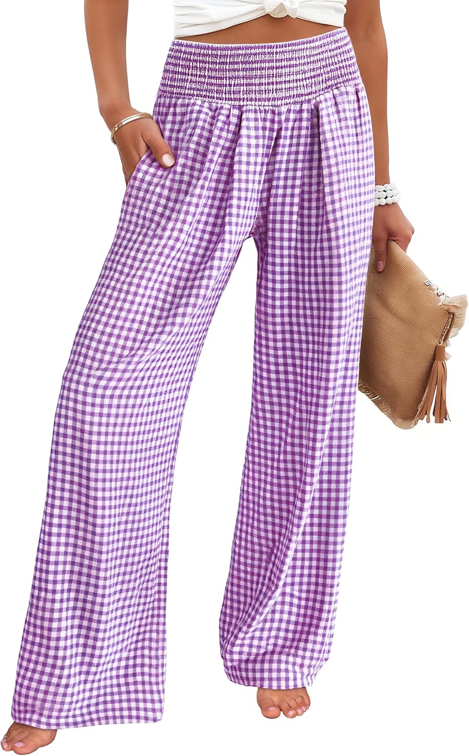 Women's wide-leg trousers—striped and checked styles that are both cute and comfortable.